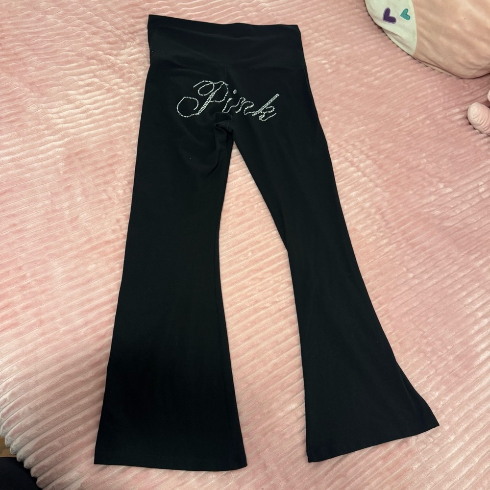 VS Pink All-Day Cotton Foldover Flare Leggings Pure Black Shine Size L - Picture 3 of 7